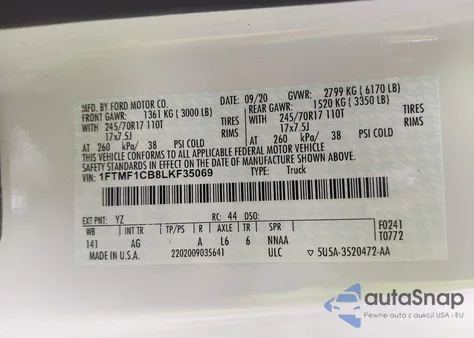 2020 Ford F-150 Xl from USA, damaged, VIN 1FTMF1CB8LKF35069